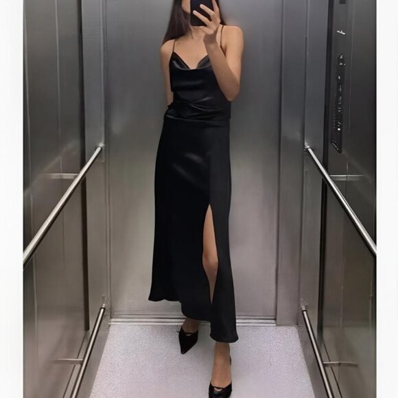 NWT Zara Satin Slip Midi Dress Black XS - Picture 2 of 13
